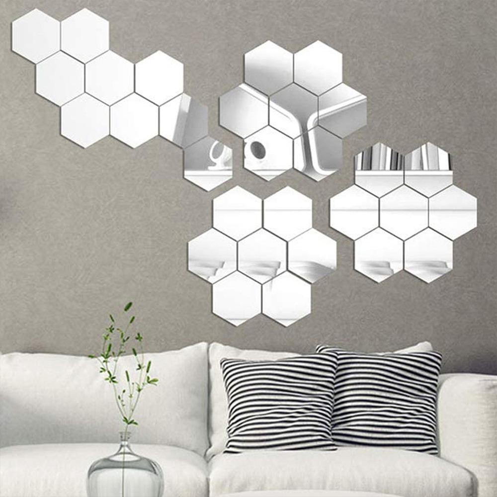 12pcs 3.15×2.76×1.57in Hexagon Mirror Wall Sticker Acrylic Self-adhesive Mirror Tile  Office