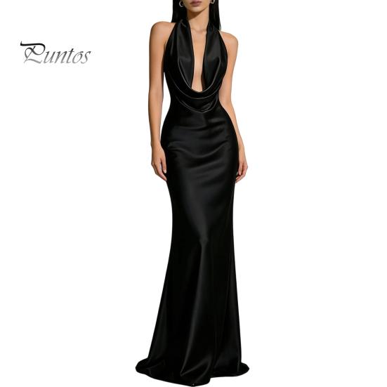 Beach Dress Women Sexy Backless Maxi Dress, Deep V Neck Sleeveless Lightweight Summer Halter Satin Long Formal Evening Party Mermaid Gown Elegant