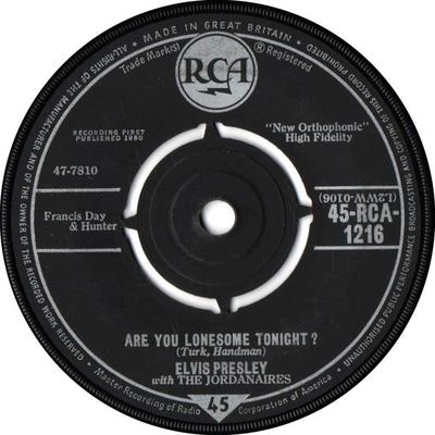 7inch Record ELVIS PRESLEY, THE JORDANAIRES - Are You Lonesome Tonight? 45RCA1216 RCA 1961 UK Rock Used