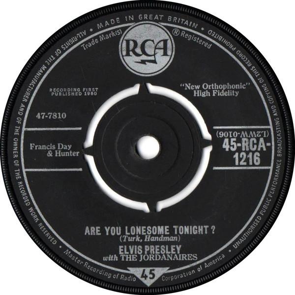7inch Record ELVIS PRESLEY, THE JORDANAIRES - Are You Lonesome Tonight? 45RCA1216 RCA 1961 UK Rock Used