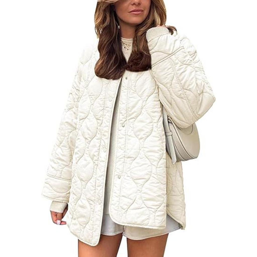 2025 Autumn Winter New European American Style Quilted Simple Solid Color Round Neck Loose Cotton Coat Outerwear