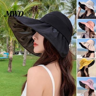Trendy Sun Hat for Vacation Women Bucket Hat, Wide Brim Summer Protection Topless Visor Ponytails Cap, Foldable Breathable Beach Outdoor Travel
