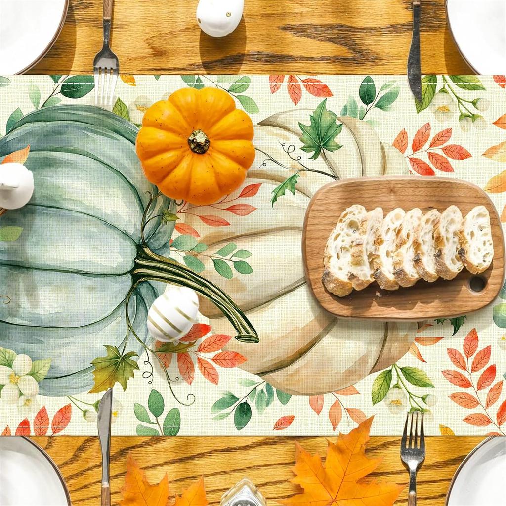 Pumpkin Eucalyptus Leaves Fall Table Runner, Autumn Thanksgiving Kitchen Table Decorations for Home Party Decor (Pumpkin 2, 13x72 inches)