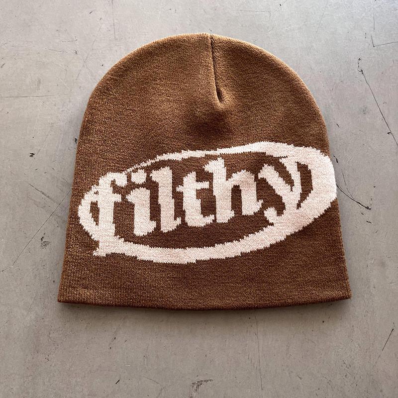 

Knit Beanie Hat For Men And Women Warm Acrylic Statement Letters Streetwear For Winter Use коричневий