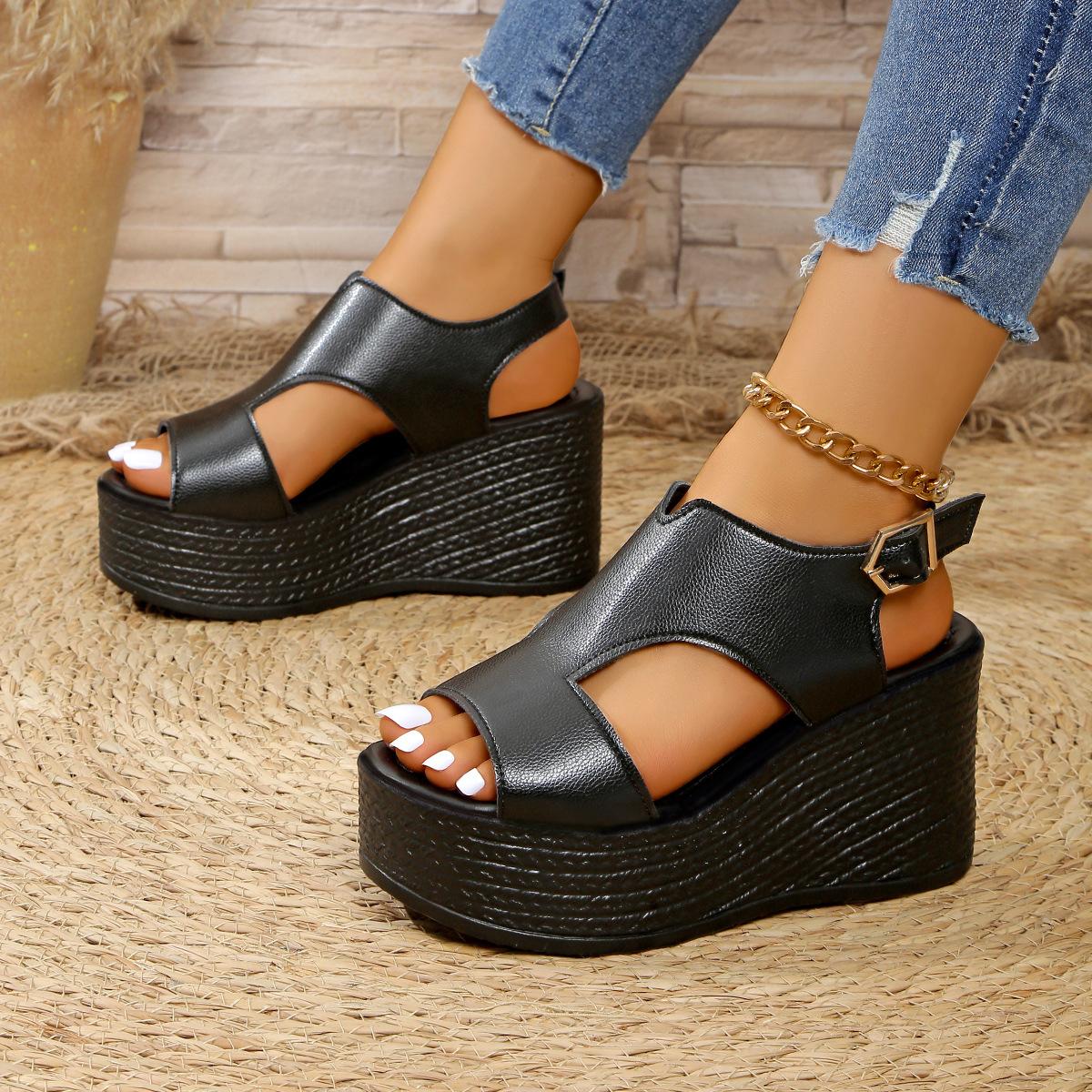 

French sandals female fish mouth wedge heel one-button Roman shoes size 43 2025 new fairy style muffin shoes 9cm 43 чёрный