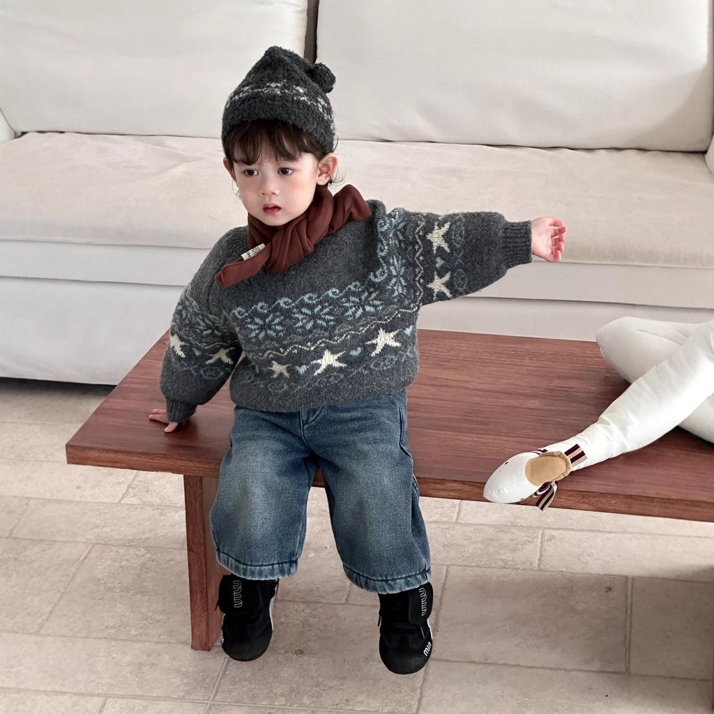 Children's clothing Winter baby knitted sweater Winter boys fleece denim suit