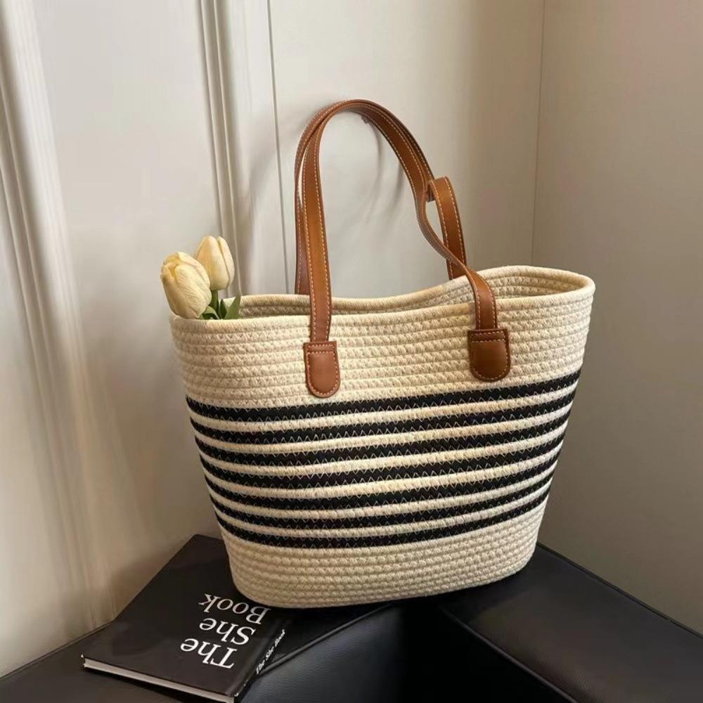 Versatile and High-end Straw Woven Bag, Beach Vacation Striped Woven Bag, Women's Large Capacity Single Shoulder Beach Tote Bag