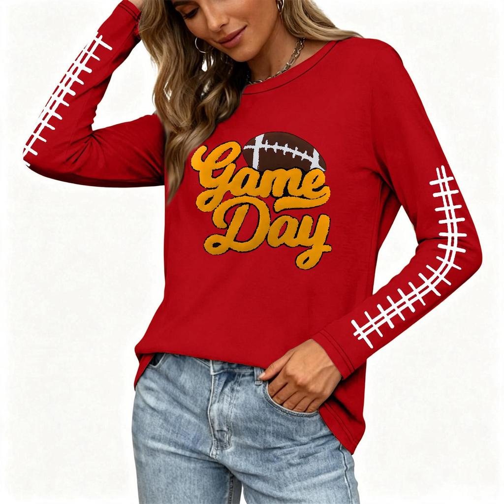 Women's Stylish Long Sleeve Rugby-Inspired Printed Top, Neck with Side Slit for Casual Wear