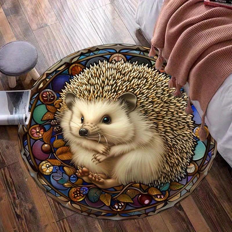 Retro Hedgehog Round Rug, Charming Non-Slip Mat for Patio, Garden, Bedroom, Living Room, Vintage Style Decor