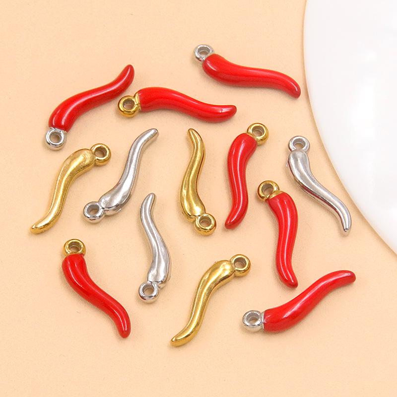 304 Stainless Steel Red Chili Oil Drip Pendant Charm, Vacuum Electroplated, 6x20mm