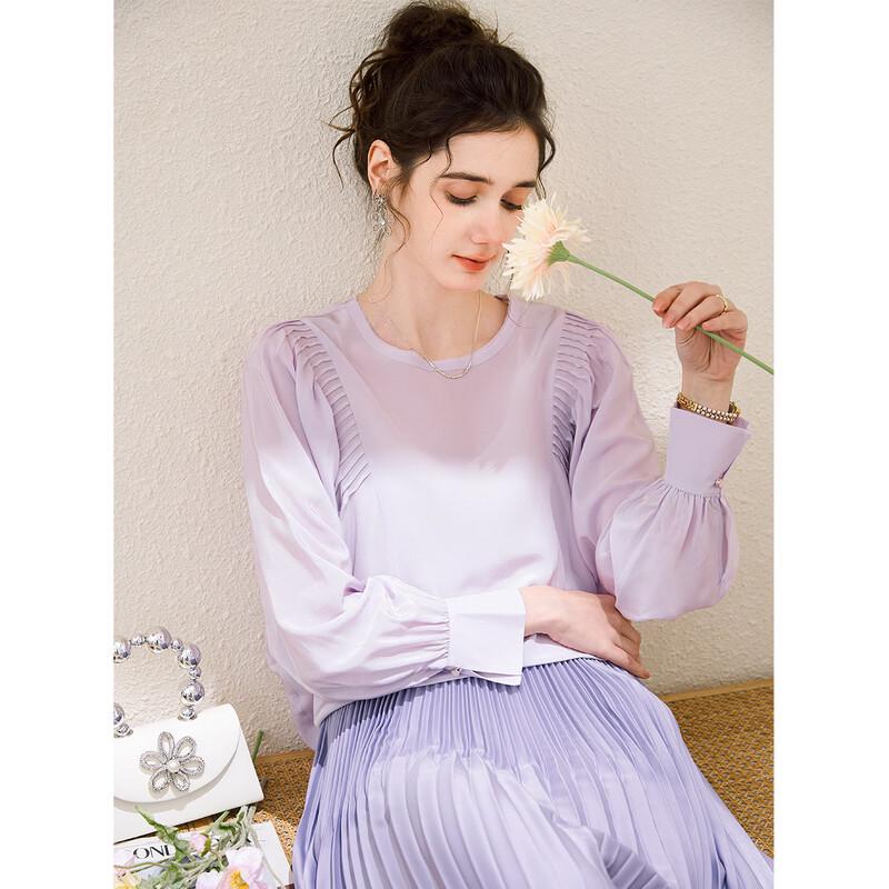 TUHUANG Women s 100% Mulberry Silk Pleated Round Neck Blouse M