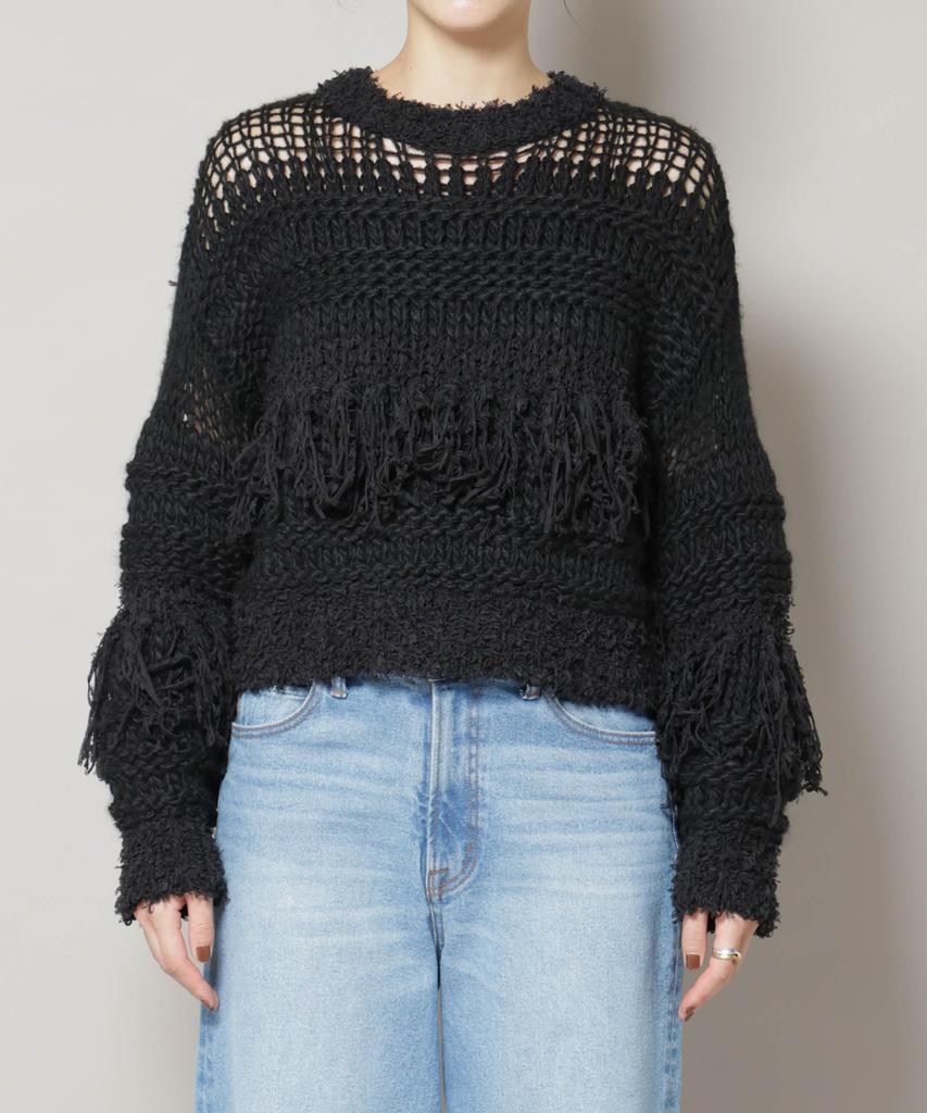 Nano Universe F 031 Mixed Material Border Fringe Knit Women's Pullover, Off-White, 669-5222326