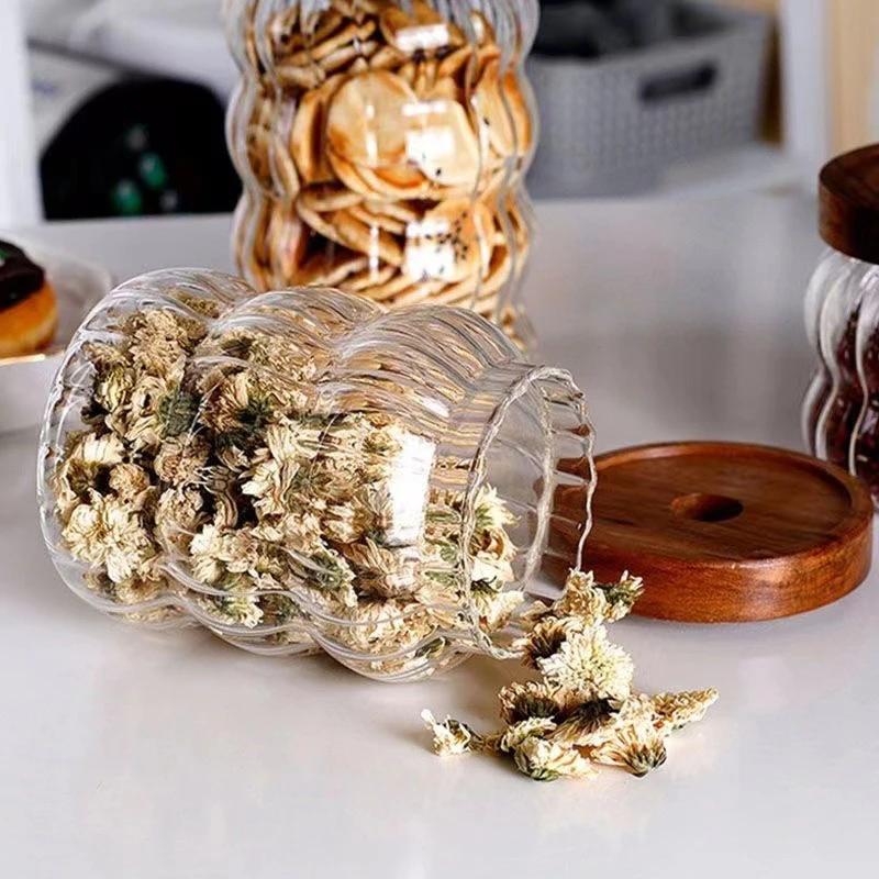 Kitchen High Borosilicate Glass Sealed Jar Canister Glass Container Wood Lid Food Storage Jar Coffee Bean Wheaten Grain Oat Can