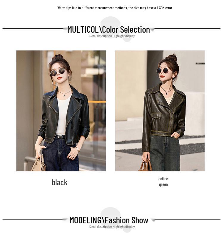 2025 Spring/Autumn Temperament Women's Slim Leather Jacket with Turn-Down Collar