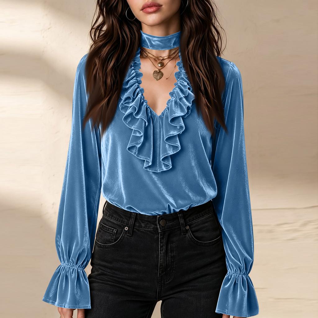 Camicetta da Donna in Velluto con Scollo a V e Maniche Lunghe con Volant per Uso Quotidiano Casual