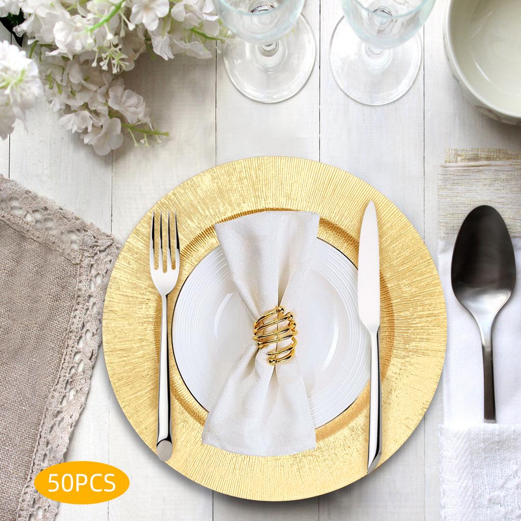 Elegant Gold Charger Plates Set, Round Reusable Serving Plates for Parties, Weddings, Events - Set of 50, 12.99 Inch Diameter