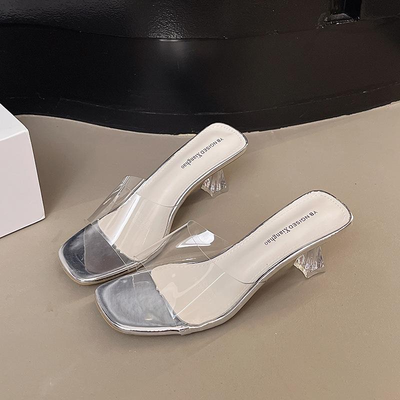 

Хрустальные туфли на высоком каблуке и тапочки женские внешнеторговые 2025 новые босоножки на высоком каблуке носить однословный прозрачный ремешок корейские тапочки 40 серебряный