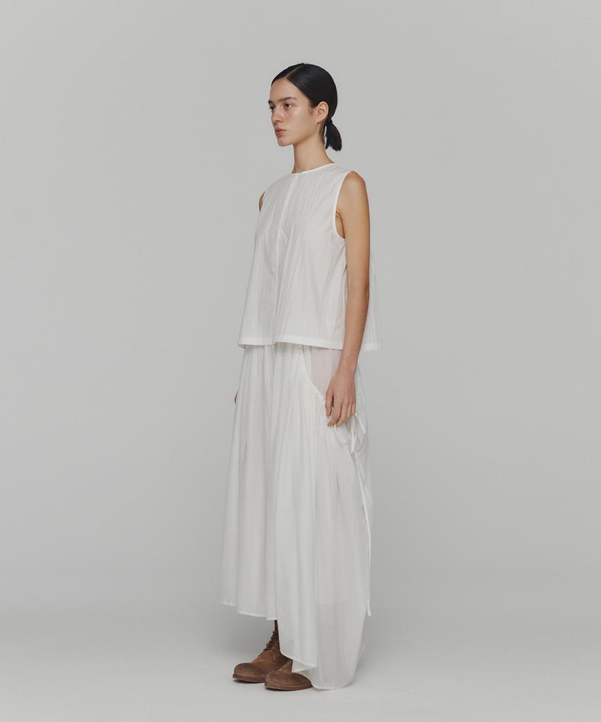 Amomento Drawstring Sheer Shirring Skirt_White