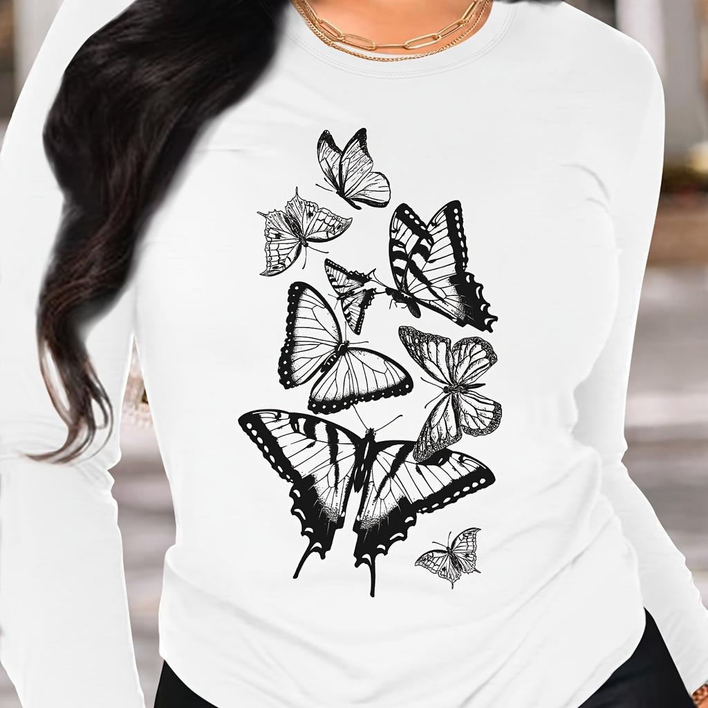 T-shirt med fjärilstryck, Långärmad Rundhalsad Casual Topp Vår och Höst, Damkläder