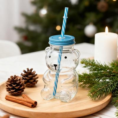Bear Glass Cup with Spill-Proof Lid And Straw Cute Bear Tumbler for Smoothies Coffee Juice Thick Glass Mug for Home Office Travel