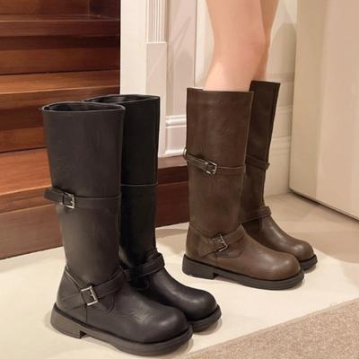 Retro Belt Buckle Women Knee High Top Concise Thick Heel Slip On Autumn Winter Ladies Knight Long Booties