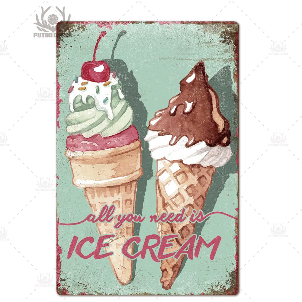 Putuo Decor Ice Cream Tin Sign Plaque Metal Plate Vintage Ice Lolly Retro Wall Art Poster for Dessert Shop Iron Painting