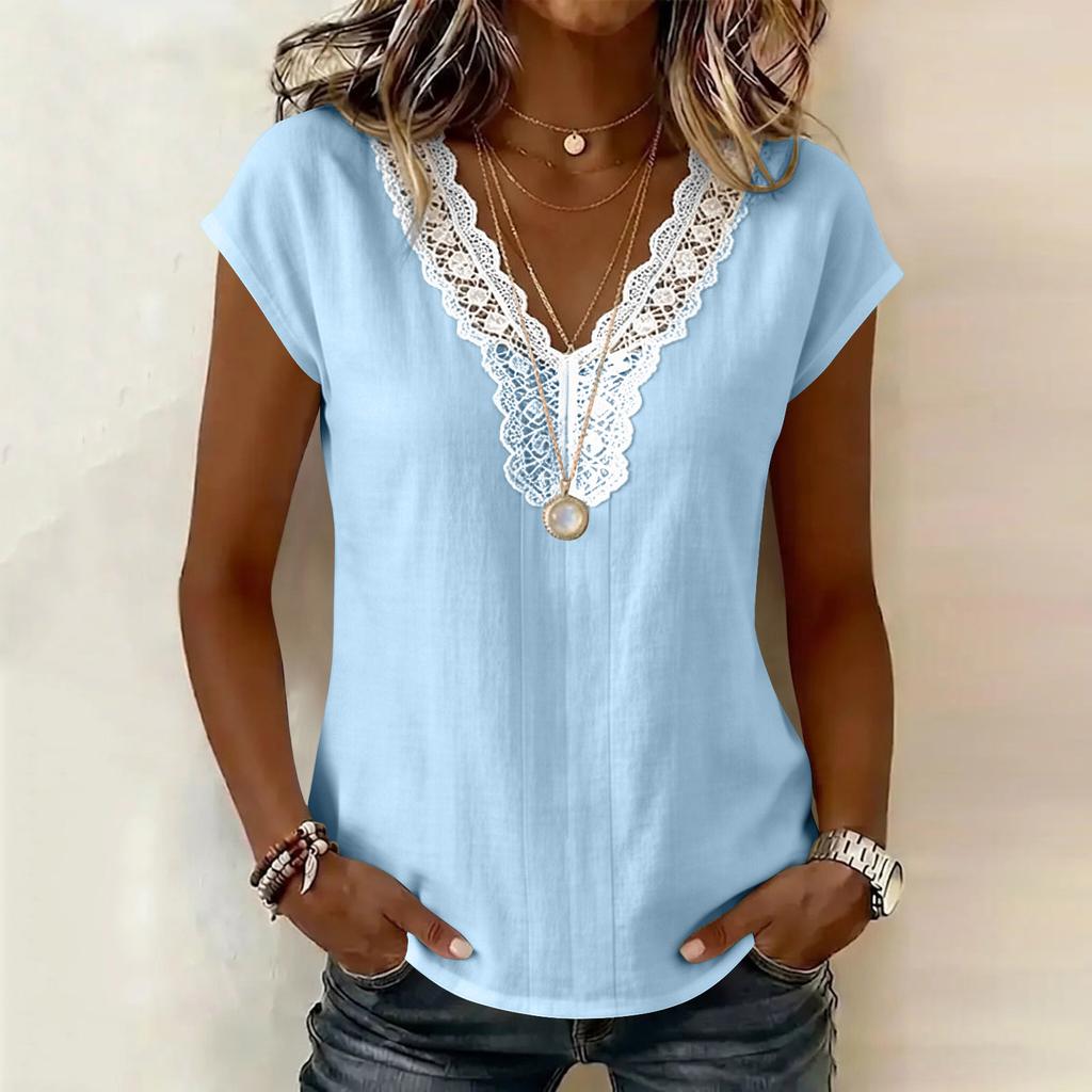 Women Casual Pullover Top V Neck Lace Trim Stitching Short Sleeve Blouse Lightweight Loose Fit Shirt for Everyday Wear