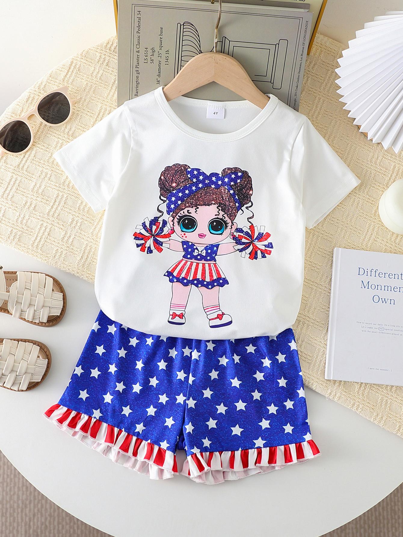 

Girls 2 Piece Outfit 1-8Y White Glitter Cheerleader Top with Star Shorts Set Kids Summer Clothing Sets 4Y белый