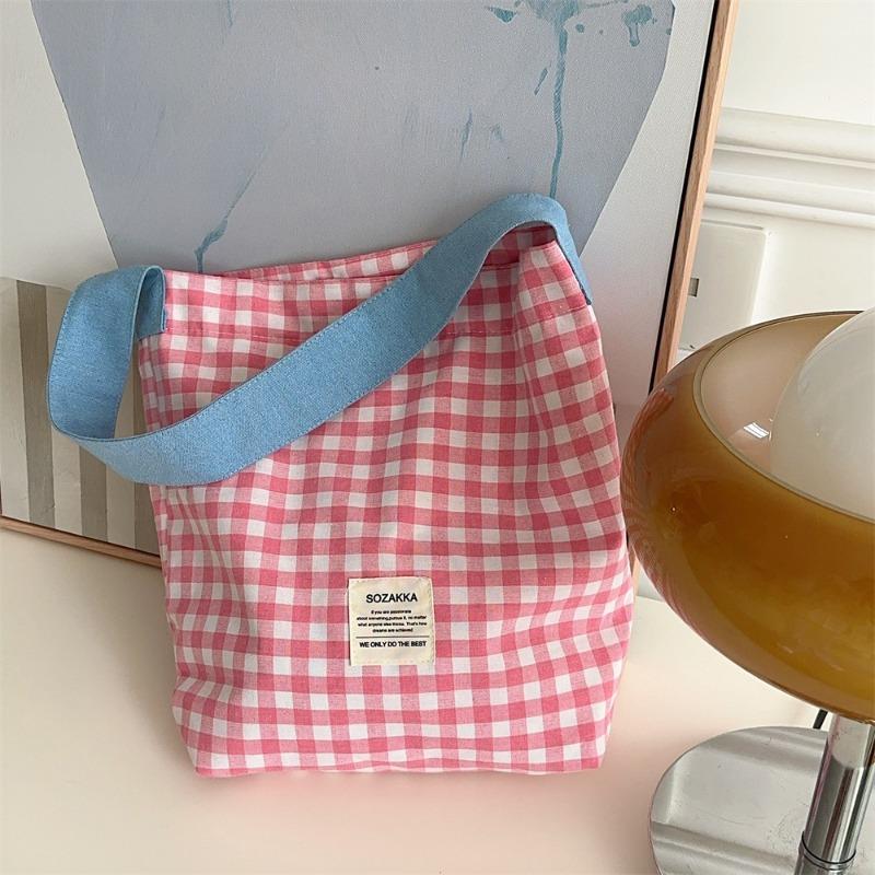 Canvas bag women's new contrasting color plaid shoulder bag college student literary commuter tote bag