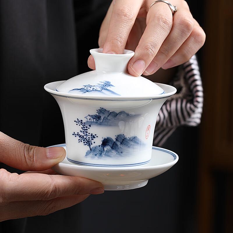 MULTIPOTENT Hand-Painted Landscape Thin Porcelain Sancai Lid Bowl