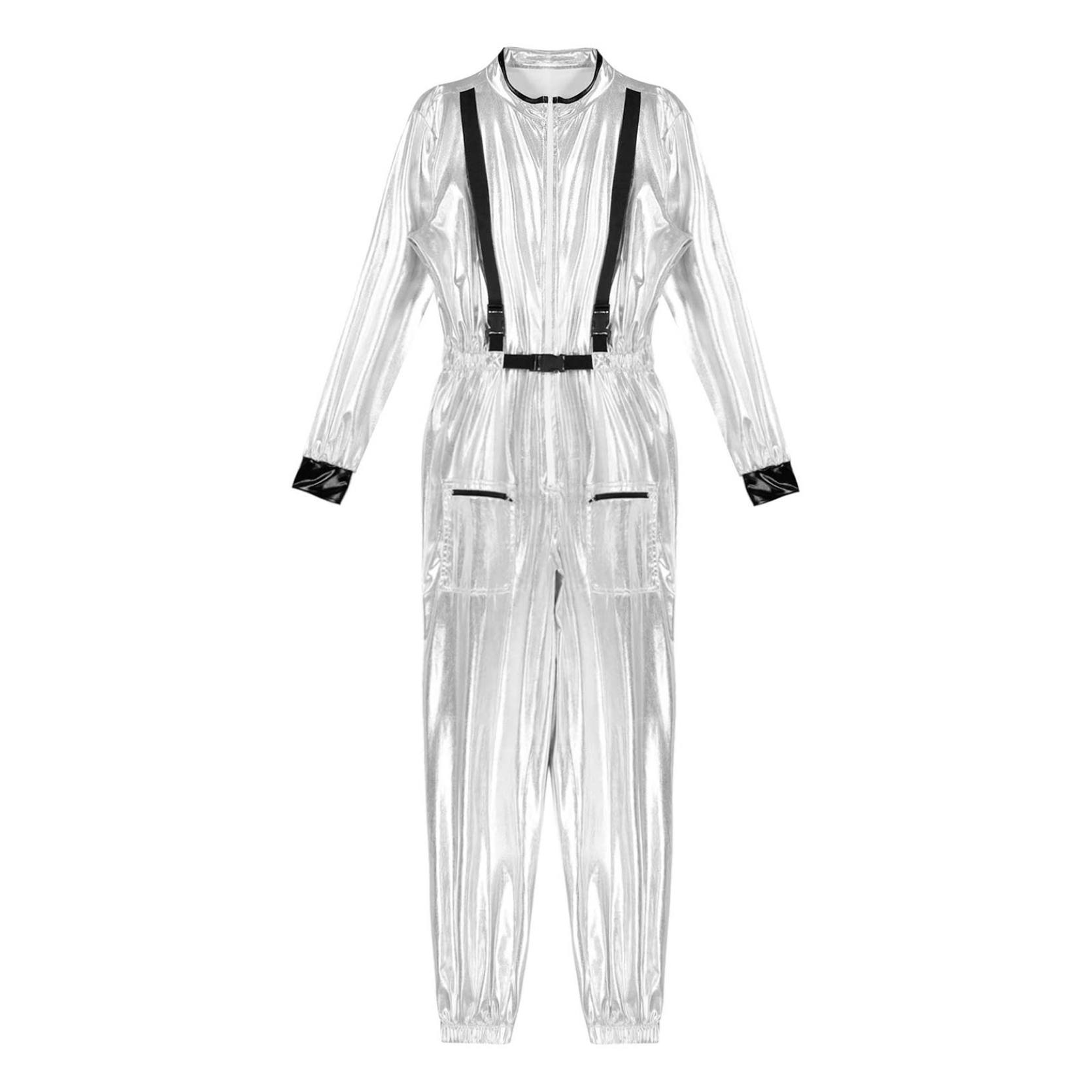 inlzdz Astronautenkostuum voor dames, glanzende metallic overall