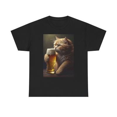 Maglietta Grafica Gatto Che Beve Una Birra Divertente Unisex Cotone Pesante