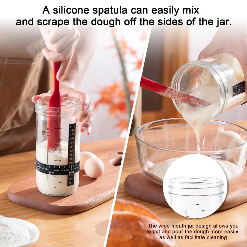 24oz Sourdough Starter Jar with Date-marked Feeding Band, Thermometer, Cloth Cover & Metal Lid. Ideal for Sourdough Bread Baking