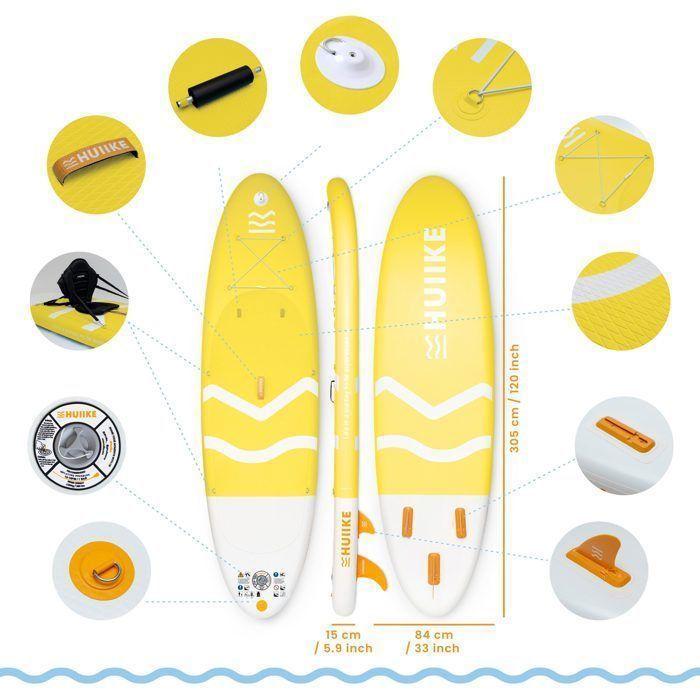 Paddle Gonflable - HUIIKE - Stand Up Paddle - Jaune - 305x84x15 cm - 130 kg max