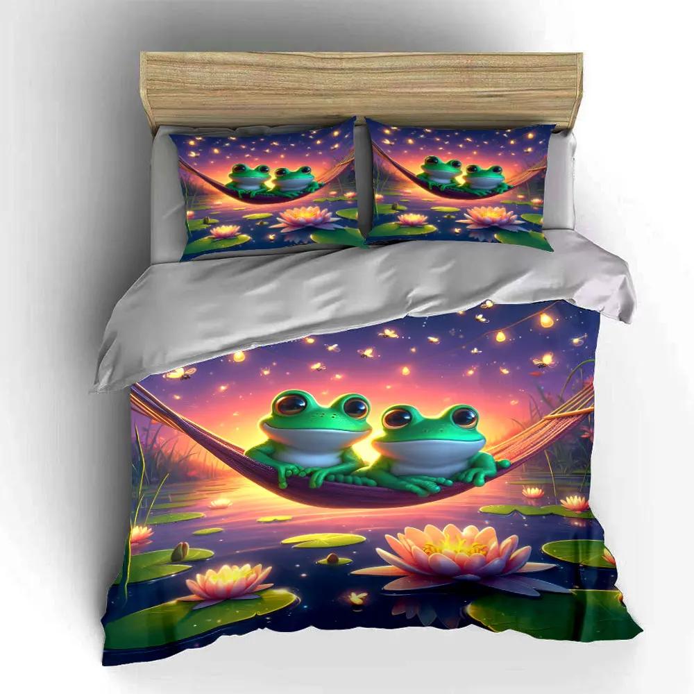 Frog Hammock Sunset Decor Soft Comfortable Duvet Cover Bedding Set Included 1*Duvet Cover & 2*Pillowcases Gift