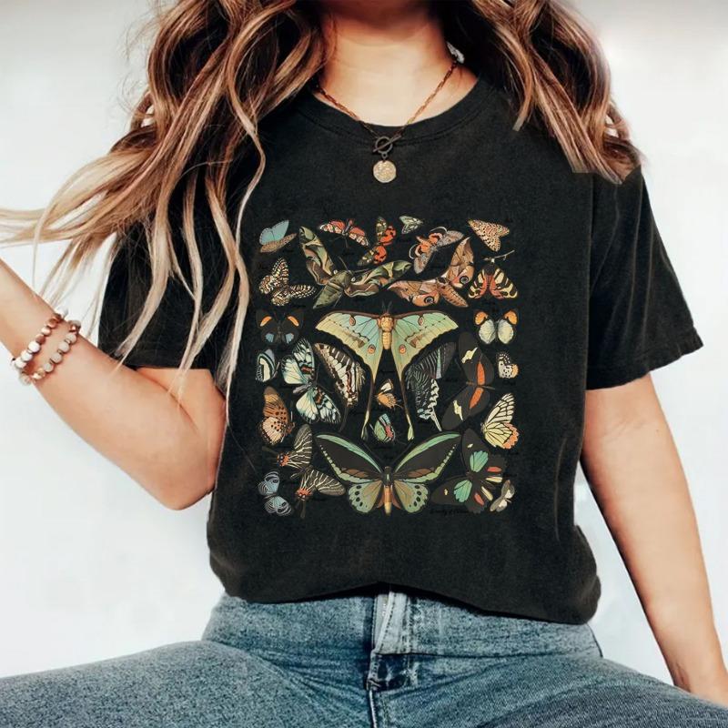 Damen Casual und Modisches T-Shirt mit Schmetterlingsmusterdruck, Rundhalsausschnitt und kurzen Ärmeln