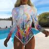 Women Long Sleeve One Piece Swimsuit Zip Front Rose Flower Print Rash Guard Surfing Bathing Suit