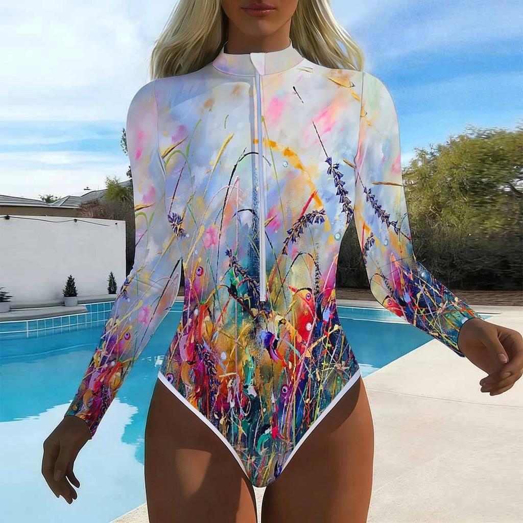 Women Long Sleeve One Piece Swimsuit Zip Front Rose Flower Print Rash Guard Surfing Bathing Suit