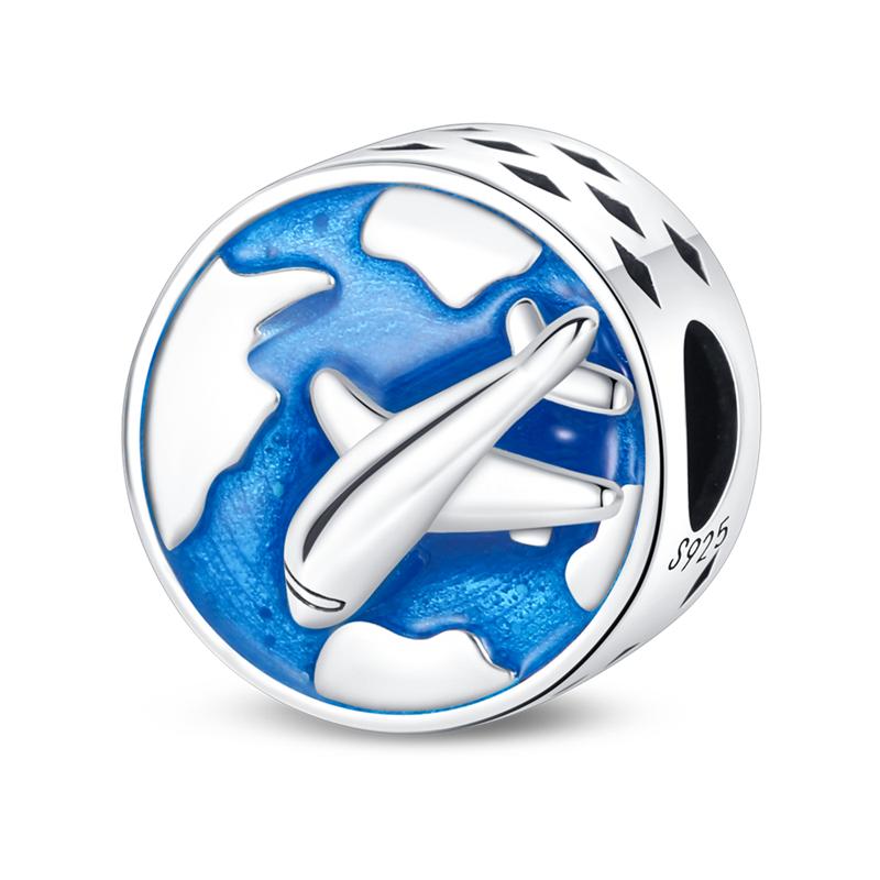Original SS925 Sterling Silver Blue Travel Earth Camera Charm Fit  Bracelet DIY Pendant Woman Jewelry Hot Sale New In