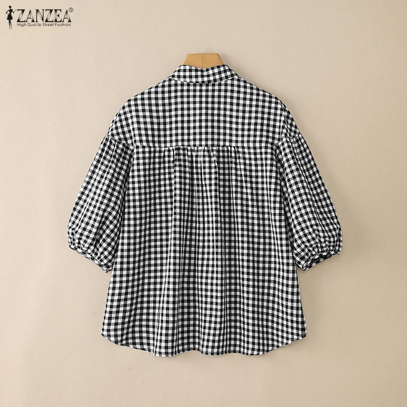 ZANZEA Women Turn Down Collar Loose Casual Half Sleeve Grid Print Blouse