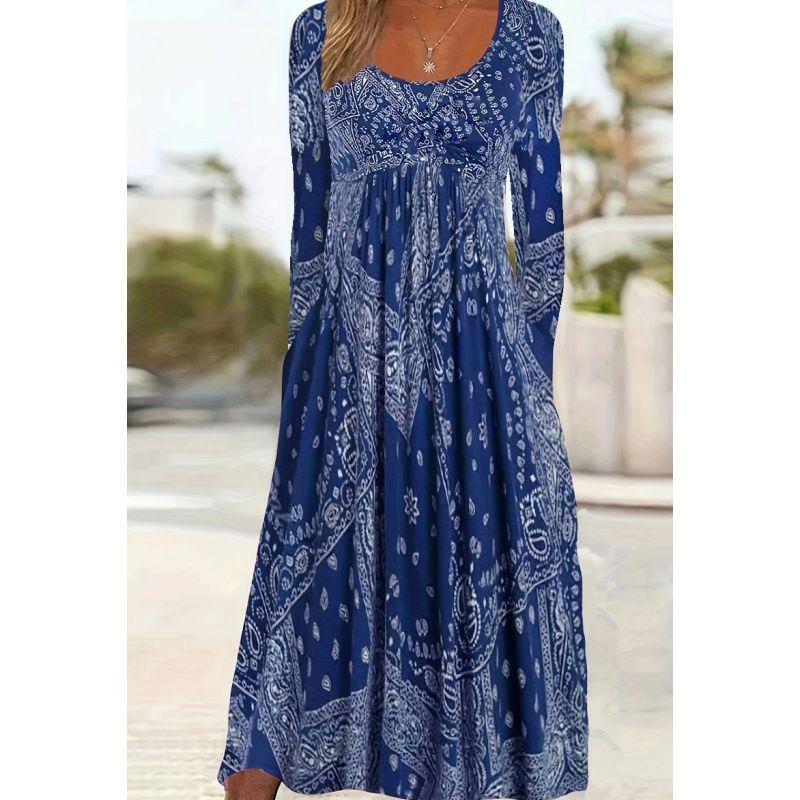 Autumn Women Print Dress Ladies Skirt Autumn Round Neck Print Long Sleeve Women Long Dress