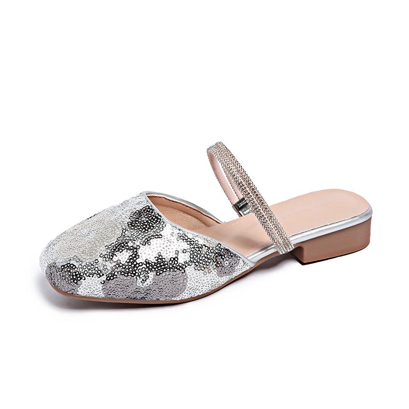 

Летние новые шлепанцы с цветочным пайеточным декором, женские, на квадратном каблуке, плоские, с вышивкой стразами, два варианта носки 40 серебряный