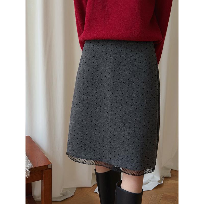 

Ge Ming Retro Polka Dot Lace Trim High-Waist Bodycon Mini Skirt - Women s Winter A-Line Skirt M (105-115 cm)