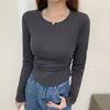 Retro front shoulder long-sleeved T-shirt women's spring new waist pleated bottoming shirt versatile simple top