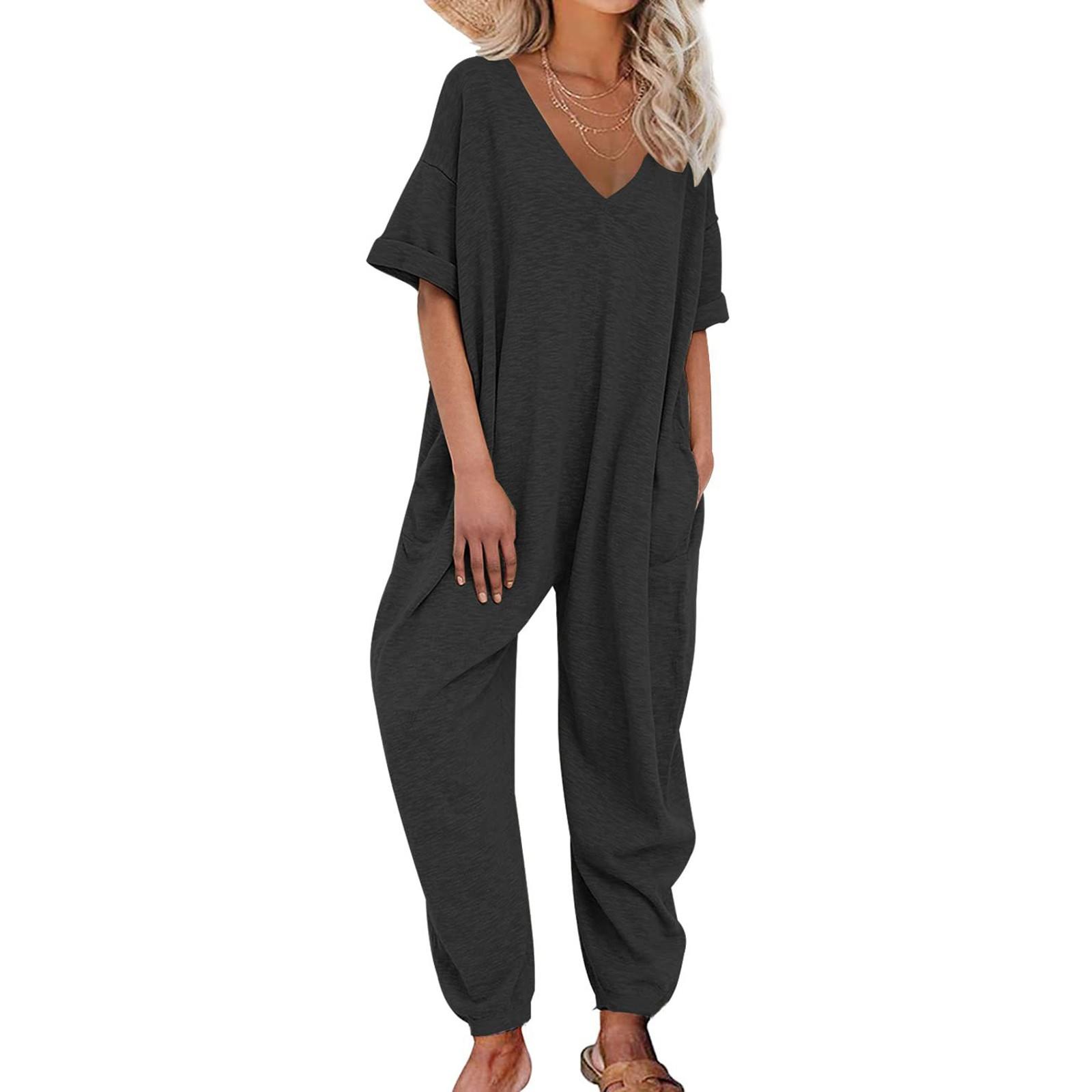 

Женский комбинезон, однотонные свободные повседневные леггинсы с v-образным вырезом и половиной рукавов L чёрный