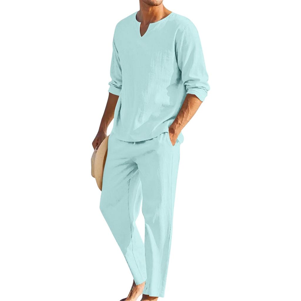 Men's Summer Cotton Linen Color Loose V-Neck Long-Sleeved Top Trousers Suit