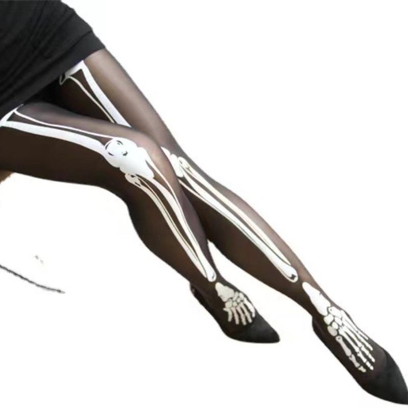 Gothic Halloween Skeleton Costume Footed Tights Summer Women Funny Stockings Skull Print Pantyhose Leggings for Cosplay Party