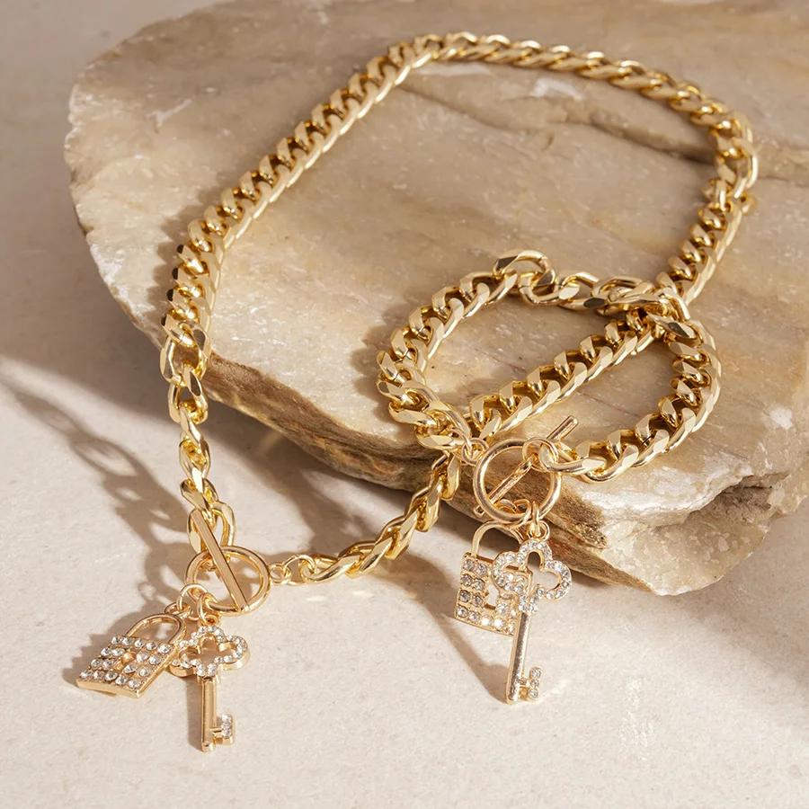 3 Pcs Inlaid Rhinestone Key Lock OT Pendant Zircon Sets for Women Light Luxury 2025 Fashion Exaggerated Necklace Bracelet Set
