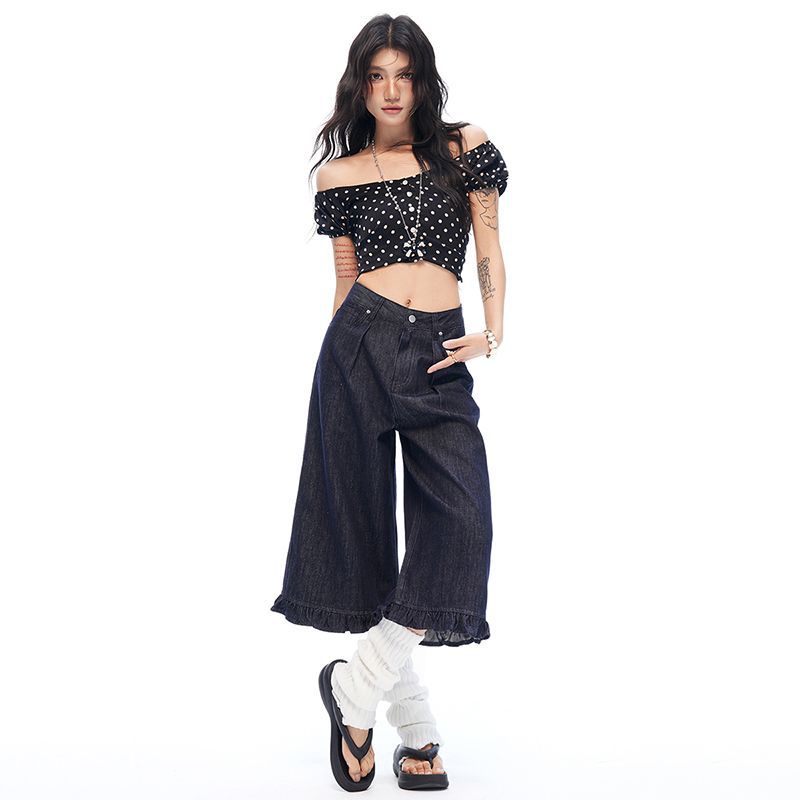 Fashion Summer Lace Rivet Detailed Designer High Waist Wide Leg Straight Versatile Slimming Denim Cropped Capri Pants