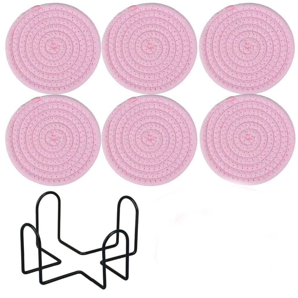 6Pcs Heat-resistant Woven Round  Coaster Set with Holder Tableware Mat Cup Coaster  Household
